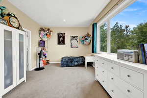 Bedroom with french doors and carpet