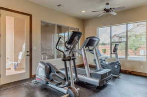 Exercise area featuring ceiling fan