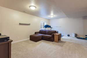 Living room featuring light colored carpet and a textured ceiling