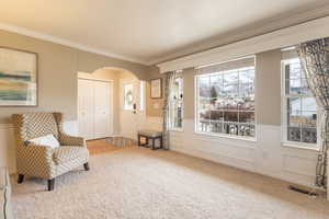 Living area featuring ornamental molding, plenty of natural light, and carpet flooring