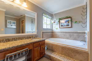 Bathroom featuring a relaxing tiled tub, vanity, and crown molding