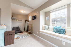 Living area featuring lofted ceiling and carpet flooring