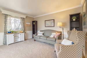 Carpeted living room with crown molding