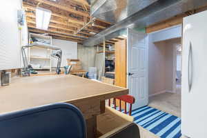 Basement with carpet flooring and white fridge