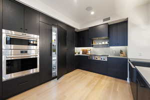 Kitchen featuring stainless steel appliances, premium range hood, backsplash, and light hardwood / wood-style flooring