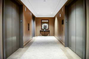 Hallway featuring light carpet, crown molding, and elevator