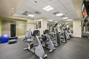 Workout area featuring a paneled ceiling