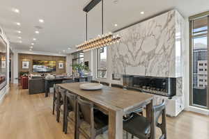 Dining room with light hardwood / wood-style flooring, a wealth of natural light, and a premium fireplace