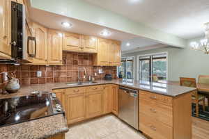 Kitchen with tasteful backsplash, sink, stainless steel dishwasher, range, and kitchen peninsula