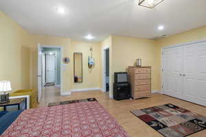 Bedroom with a closet and light hardwood / wood-style flooring