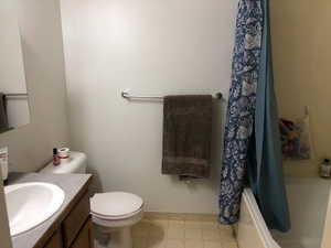 Full bathroom with vanity, toilet, and shower / bath combo