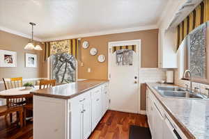 Kitchen with white cabinetry, sink, hanging light fixtures, kitchen peninsula, and dark wood-type flooring