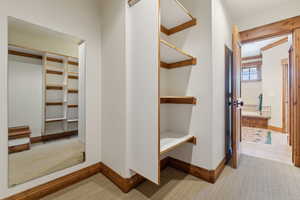 Spacious closet with light colored carpet