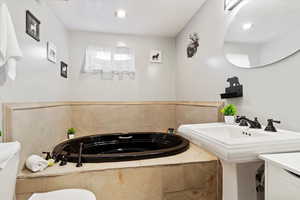 Bathroom with sink and tiled bath