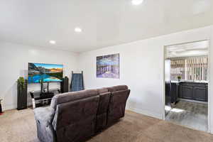 Carpeted living room with sink