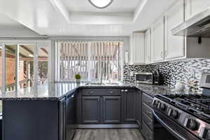 Kitchen featuring sink, stainless steel appliances, a tray ceiling, white cabinets, and dark stone counters