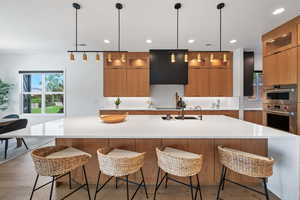 Kitchen with a sink, modern cabinets, and brown cabinets