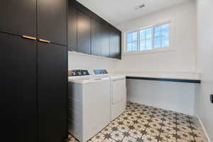 Laundry room with cabinets and washing machine and clothes dryer