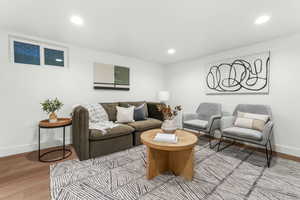 Living room featuring wood-type flooring basement