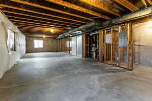 Basement featuring electric panel