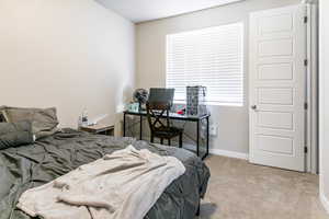 Bedroom with light carpet