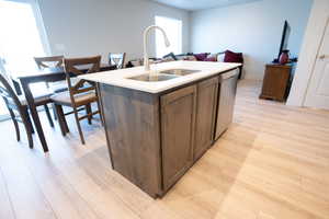 Kitchen featuring stainless steel dishwasher, sink, light hardwood / wood-style floors, and an island with sink