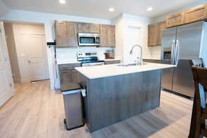 Kitchen featuring sink, light hardwood / wood-style floors, an island with sink, and appliances with stainless steel finishes