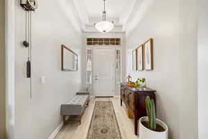 Entryway with a raised ceiling and light hardwood / wood-style floors