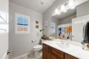 Bathroom with vanity, a healthy amount of sunlight, a shower with shower curtain, and toilet