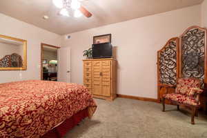 Carpeted bedroom with ceiling fan