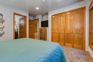 Bedroom with carpet floors and a closet