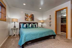 Carpeted bedroom with ensuite bath