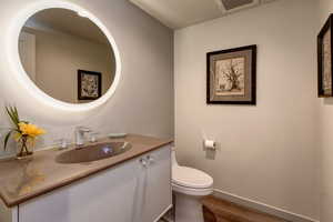 Bathroom with vanity, wood-type flooring, and toilet