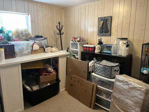 Bedroom with carpet flooring and wood walls