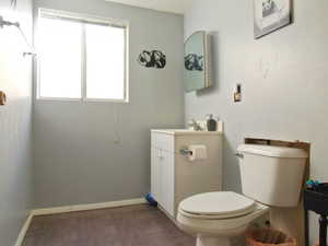 Bathroom featuring vanity, parquet floors, and toilet