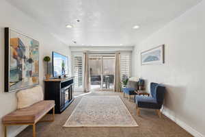 Sitting room with carpet floors and a textured ceiling