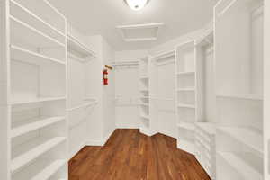 Spacious closet with dark hardwood / wood-style floors