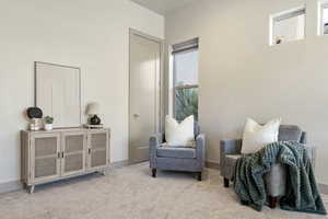 Sitting room featuring plenty of natural light and light carpet