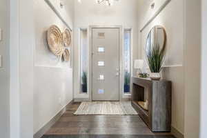 Entrance foyer with dark hardwood / wood-style floors