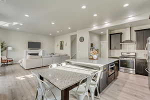 Kitchen featuring stainless steel appliances, a kitchen island, a kitchen breakfast bar, and wall chimney exhaust hood