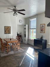 Dining room featuring ceiling fan and a textured ceiling