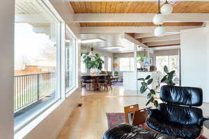 Living room featuring wooden ceiling, beam ceiling, and light wood-type flooring