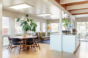 Kitchen featuring plenty of natural light, sink, white cabinets, and decorative light fixtures