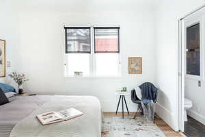 Bedroom with multiple windows, ornamental molding, and light wood-type flooring