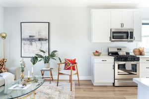 Kitchen with stainless steel appliances, light hardwood / wood-style floors, and white cabinets