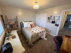 Carpeted bedroom with a closet