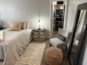 Bedroom featuring a spacious closet, light colored carpet, and a closet