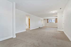 Spare room with light colored carpet and a textured ceiling