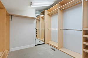 Walk in closet featuring light colored carpet