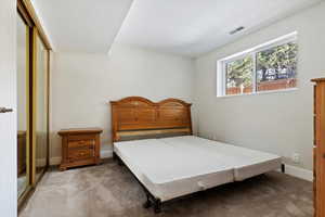 Carpeted bedroom featuring a closet